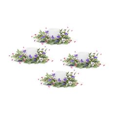 four white candles surrounded by purple flowers and greenery on a white background with red berries