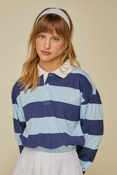 Striped Rugby Cropped Shirt Long Sleeve Cotton Polo Shirt For College, Sporty Cotton Polo Shirt For Fall, Cotton Long Sleeve Polo Shirt For College, Collared College Style Tops, Blue Cotton Polo Shirt With Three Stripes, Blue Collared Tops For College, Fall Blue Cotton Polo Shirt, Striped Long Sleeve Tops For College, Preppy Collared Tops For College