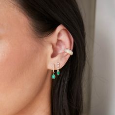 14k gold short tennis drop earrings with five linked prong set round diamonds and an upside down pear shaped emerald at the bottom of the drop Ear Stacks, Gold Shorts, Ear Stack, Jewellery Ideas, White Diamonds, Upside Down, Earings Piercings, Pear Shaped, Diamond White