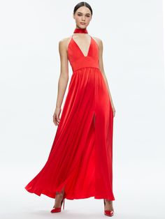 Hannah Halter Maxi Dress In Bright Ruby Satin V-neck Halter Dress For Evening, Satin Full-length Maxi Dress For Prom, Full-length Satin Maxi Dress For Prom, Full Length Satin Maxi Dress For Prom, Satin Finish Maxi Length Party Gown, Glamorous Satin V-neck Gown, Glamorous V-neck Satin Gown, Maxi Length Satin Gown For Night Out, Glamorous Floor-length Satin Maxi Dress