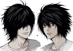 two anime guys with black hair and white shirts