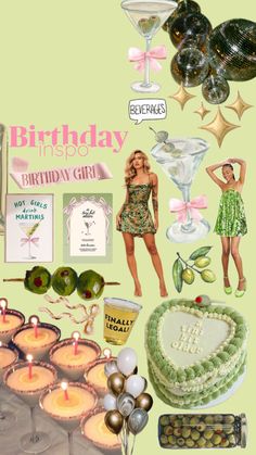 a collage of birthday items including cake, candles, and other things to make it look like a woman