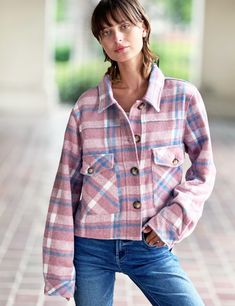 It's Fall—time for the cutest, softest, most fun Flannel jacket ever! That's the Outland Jacket, only from Billy T, in super-plush Pink/Blue/White flannel plaid, cut for an easy, comfy fit, with large patch pockets. Let the cozy begin! The model is 5'7" wearing a size small Fabric: 100% Polyester Plaid Flannel Outerwear With Long Sleeves, Spring Flannel Outerwear With Long Sleeves, Spring Plaid Flannel Outerwear, Trendy Flannel Winter Outerwear, Trendy Winter Flannel Outerwear, Cozy Flannel Outerwear With Long Sleeves, Cozy Long Sleeve Flannel Outerwear, Trendy Flannel Outerwear For Fall, Plaid Flannel Outerwear With Pockets