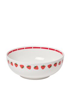 a white bowl with strawberries painted on the side and red trim around the rim