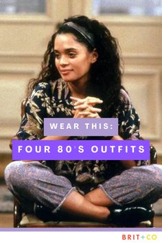 a woman sitting on top of a chair with the words wear this four 80's outfits