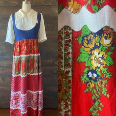 "- Vintage 70's dirndl maxi dress in red, blue, cream, green and mustard yellow mixed patterns - Faux patchwork and ric rack design on skirt - Attached dirndl / pinafore bodice - Puff half sleeve - Wide butterfly collar with lace trim - Metal zip up back MEASUREMENTS Bust: 38\" Waist: 30\" Hip: 42\" Length (shoulder to waist): 13\" Length (waist to hem): 39\" Shoulder: 14\" Sleeve: 12\" Best fits: Modern 6 LABEL Mister Ant FABRIC / FIBER Dacron poly top with poly / cotton blend skirt (best guess Bohemian Fitted Maxi Dress With Floral Patchwork, Fitted Bohemian Maxi Dress With Floral Patchwork, Retro Daywear Maxi Dress, Retro Maxi Dress For Daywear, Spring Red Patchwork Maxi Dress, Red Patchwork Maxi Dress For Spring, Retro Red Patchwork Dresses, Vintage Patchwork Dresses For Daywear, Vintage Red Patchwork Dress