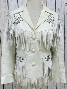 #WESTERN #EXCELLING #TEXAS #BUCK #SKIN #BUFFALO #WHITE #GENUINE #LEATHER #COAT #JACKET Leather Jacket With Fringe, Vintage Leather Jacket, Winter Coats Women