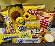 a box filled with snacks and candy