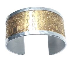 Magic square of the SATOR AREPO, bracelet in aluminum and brass. With personalized text inside SATOR - AREPO - TENET - OPERA - ROTAS  If you buy a second bracelet of your choice, you will pay only half the price, using this discount code: HALF2  Exclusive model of our design, forged entirely by hand. We send with express shipping with FedEx or DHL, for the carrier PLEASE send a message with phone number ♥ This is a bracelet entirely made with recycled aluminum and brass.  The bracelet is manufactured upon receipt of the purchase order.   NOTE:   ♥ Aluminum is analergic, lightweight, and does not darken. The customer must provide the diameter of their wrist to match their size: See figure, circumference minus 2 cm Rectangular Metal Bracelets Engraved, Engraved Bracelet For Anniversary, Gold Etched Metal Bracelets, Engraved Metal Bracelet For Anniversary, Engraved Metal Bracelets For Anniversary, Gift Gold Etched Cuff Bracelet, Etched Metal Bangle As Gift, Adjustable Etched Gold Cuff Bracelet, Gold Symbolic Engraved Cuff Bracelet