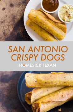 an image of san antonio crispy dogs on a plate with sauces and dip