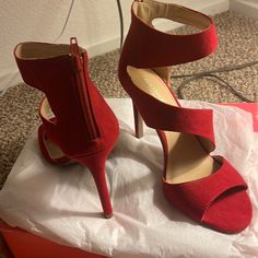 Beautiful Red High Heels 4inch. Night Out Heels With Red Sole And Open Heel, Red Sole Heels For Night Out With Open Heel, Open Heel Heels With Red Sole For Night Out, Red Heels With 4-inch Open Heel, Red Open Toe Heels With 4-inch Heel, Red Open Heel Shoes With 4-inch Heel, Red Open Heel Heels With 4-inch Heel, Red Open Heel 4-inch Heels, Fitted Red Heels With Open Heel