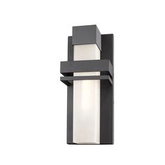 an outdoor wall light that is black and has white glass on the front, with one light