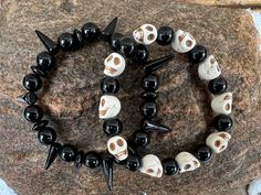 These bracelets are made with glass spike beads, black glass beads, Howlite skull beads and black donut glass beads. Note: Colors may vary depending on your monitor Shipping Info: All orders are shipped from Canada and they are sent through Canada Post.  If you would like expedited/faster shipping, it will cost more and you can reach out to me directly and I will give you pricing. Within Canada: Sent regular mail with no tracking and it can take 5-10 business days to arrive. United States: Sent Skull Beaded Bracelet, Skull Bead Bracelet, Black Donut, Diy Jewelry Charms, Skull Beads, Halloween Bracelet, Glass Bead Bracelet, Black Beaded Bracelets, Bracelets Design