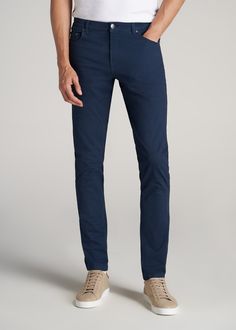 American-Tall-Men-Carman-5-Pocket-Marine-Navy-front Slim Fit Denim Blue Bottoms With Pockets, Slim Fit Denim Blue Pants With Pockets, Denim Blue Slim Fit Full-length Bottoms, Denim Blue Slim Fit Full Length Bottoms, Slim Fit Full Length Denim Blue Bottoms, Dark Wash Cotton Straight Leg Pants, Business Casual Tapered Leg Denim Bottoms, Business Casual Denim Bottoms With Tapered Leg, Business Casual Denim Blue Pants With Pockets