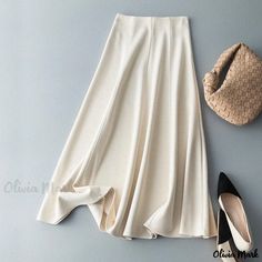 Olivia Mark - High-Waisted Wool Blend A-Line Umbrella Skirt with Hidden Hip and Thigh Slimming Effect Retro Makeup, Umbrella Skirt, Hanfu Dress, Horse Face, Types Of Skirts, Olivia Mark, A Line Skirt, Beige Color, Winter Women