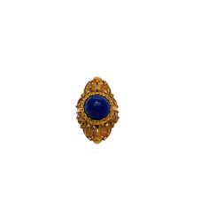 Victorian 18K Yellow Gold Lapis Ring The Etruscan shield motif set with one round cabochon cut lapis measuring 10mm and decorated with bead and wire work. Circa 1900s Size 4 1/4 Vintage Yellow Gold Gemstone Cabochons, Vintage Yellow Gold Cabochons As Gift, Elegant Oval Cabochon Lapis Lazuli Jewelry, Elegant Lapis Lazuli Oval Cabochon Jewelry, Vintage Yellow Gold Cabochons For Gift, Gold Vintage Cabochons, Yellow Gold Lapis Lazuli Cabochon Jewelry, Formal Lapis Lazuli Ring Jewelry, Gold Lapis Lazuli Cabochon Jewelry