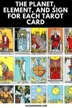 tarot cards with the text, the planet element and sign for each tarot card