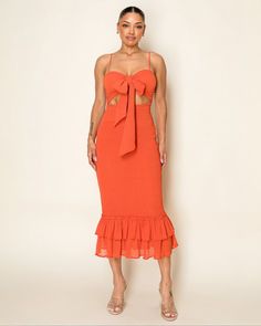 Expertly crafted with a flowing chiffon fabric, our Aitza orange dress features a smocking front, tie detail, and ruffled midi length. This dress is perfect for any occasion and offers a comfortable fit and sophisticated style. Elevate your wardrobe with this must-have piece. Orange Midi Dress, Orange Dress, Ruched Dress, Chiffon Fabric, Sophisticated Style, Sale House, Midi Length, Gowns Dresses, Smocking