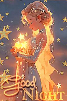 a painting of a girl holding a star in her hand with the words good night on it