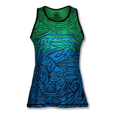 a women's tank top with blue and green designs