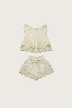 KALIA BABY SET - LIGHT HONEYDEW Summer Ruffle Set With Shorts, Beige Sets For Spring Daywear, White Short Sets For Daywear, Summer Ruffled Short Sets, Spring Cotton Sets In Short Style, Cotton Spring Sets In Short Style, Summer Cotton Daywear Sets, Summer Matching Set Tops For Daywear, Short Cotton Sets For Spring