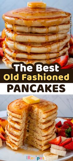 pancakes stacked on top of each other with syrup being drizzled over them