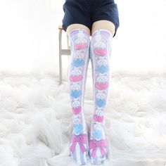 Color: WhiteMaterial: Velvet Size Length(cm)(inch) Leg circumference(cm)(inch) One Size 61/24.01 20-44/7.87-17.32 Bunny Socks, Harajuku Fashion Kawaii, Fairy Kei Fashion, Silly Socks, Harajuku Fashion Street, Kei Fashion, Kawaii Jewelry, Thigh High Socks, Thigh High Stockings