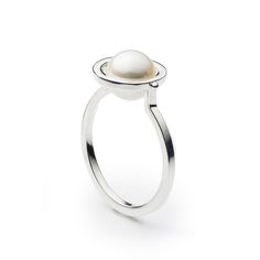 Silver & Pearl Ring - This playful ring features a slightly baroque, round freshwater white to cream-colored pearl (7.5mm) that rolls inside the circular frame. Hand fabricated in sterling silver and high-polished.<br><br>Available in whole and half sizes 5-9. Modern Round Pearl Rings, Modern White Gold Sterling Silver Pearl Ring, Sterling Silver Pearl Ring With Pearl Drop, Modern Silver Pearl Ring, Modern Pearl Rings, Pearl Ring Designs Unique, Pearl Ring Designs, Pearl Ring Design, Cage Ring