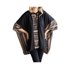 Thanks For Checking Out Our Fabulous Posh Closet!! All Of Our Items Are New With Tags! Never Worn Or Used <3 - Description: This Cindy One Size Poncho Top, Made From Soft, Silky Fabric, Features A V-Neckline And A Patterned Design For A Stylish, Versatile Fit That Accommodates Sizes S To 3x. - We Ship From Multiple Warehouses So It's Not Possible For Us To Bundle - Because All Of Our Merchandise Is Brand New And Often Times In Original Packaging, Extra Photos Or Measurements Cannot Be Provided - Black One Size Beach Poncho, Black Beach Poncho One Size, Black One Size Poncho For Beach, Black Long Sleeve Poncho For Beach, Black Bohemian Poncho With Batwing Sleeves, Black Long Sleeve Beach Poncho, Black Oversized Bohemian Cape, Black Poncho For Vacation, Black Poncho With Batwing Sleeve