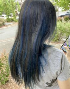 Brown Hair Blue Highlights, Midnight Blue Hair, Skunk Hair, Dyed Hair Blue, Dark Blue Hair