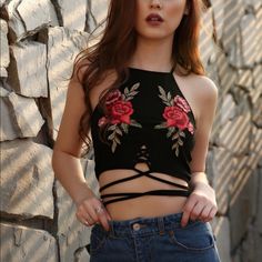 Cute Stylist Crop Top Embroidery Detailing Fits Xs-S. Brand New! Self Tied Bottoms Stretchy Material Crop Top Embroidery, Festival Fashion Outfit, Natural Hair Removal, Top Embroidery, High Neck Sleeveless, Summer Crop Tops, Crop Top Outfits, Summer Black, Black Tank