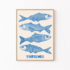 a blue and white poster with fish on it that says sardines in different languages