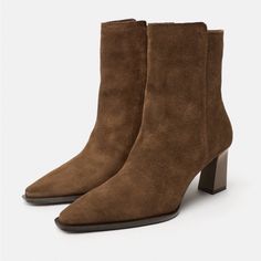 Heeled Suede Ankle Boots. Zip Closure. Pointed Toe. Heel Height: 3.1 Inches (8 Cm) Chocolate Brown 2128/210 Msrp $129 Sold Out Composition Upper 100% Cow Leather Lining 85% Polyester 15% Goat Leather Sole 100% Rubber Insole 100% Goat Leather Chocolate Suede Boots, Ankle Boots Pointed Toe, Kitten Heel Ankle Boots, Black Leather Combat Boots, Low Heel Ankle Boots, Leather High Heel Boots, Zara Boots, Brown Suede Boots, High Ankle Boots