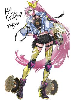 an anime character with long pink hair and boots, holding a large object in her hand