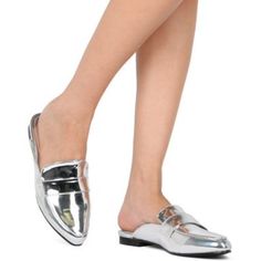 These Stylish Metallic Mules Are Made With A Pointy Toe, Stitch Accents And Low Heel. Also Made With An Easy To Slip On Design And Comes In Various Colors. Material: Vegan (Man-Made) Measurement (Tested Sz 6; Approx.): Heel: 0.5" Variety: Silver Mirror Metallic, Gold Mirror Metallic And Rose Gold Mirror Metallic Closure: Slip On Fit: True To Size Condition: Brand New With Original Shoe Box Nomil Summer Casual Party Loafers, Casual Summer Party Loafers, Silver Slip-on Flats For Spring, Silver Flat Mules For Spring, Casual Silver Loafers For Spring, Spring Silver Flat Mules, Casual Silver Flats For Spring, Spring Casual Party Loafers, Casual Spring Party Loafers