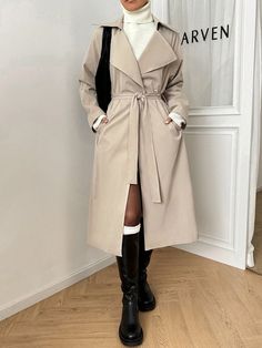 Women's Casual Turndown Collar Oblique Pocket Wind Jacket, Autumn Apricot Casual  Long Sleeve Woven Fabric Plain Wrap Non-Stretch  Women Clothing, size features are:Bust: ,Length: ,Sleeve Length: Simple Scarf, Wind Jacket, Estilo Hip Hop, Belted Trench Coat, Womens Baseball Cap, Belted Coat, Patterned Scarves, Turndown Collar, Trench Coats Women