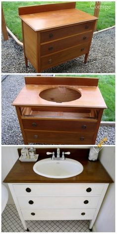 an old dresser turned into a bathroom vanity with wood top and bottom drawers, then painted white