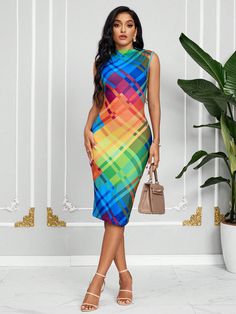 This Colorful Plaid Summer Fashion Sleeveless Dress for Women combines style and comfort for your summer wardrobe. With its vibrant plaid pattern and sleeveless design, this dress is perfect for the season. Made from high-quality materials, it offers both fashion and functionality. Color : Multicolor Style : Sexy Details : Sheer Type : Tank Pattern Type : Geometric, Plaid, Striped Sleeve Length : Sleeveless Neckline : Stand Collar Waist Line : Natural Hem Shaped : Pencil Length : Knee Length Fit Sleeveless Multicolor Patterned Midi Dress, Multicolor Sleeveless Midi Dress With Colorful Pattern, Casual Sleeveless Midi Dress With Colorful Pattern, Sleeveless Plaid Dress For Spring, Fitted Sleeveless Plaid Casual Dress, Casual Fitted Sleeveless Plaid Dress, Casual Sleeveless Plaid Midi Dress, Casual Plaid Sleeveless Midi Dress, Spring Sleeveless Plaid Dress