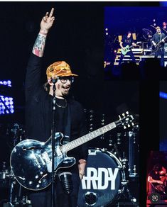 a collage of photos showing the band's main members and their instruments on stage