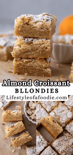 The Best Almond Croissant Blondies Recipe with Frangipane - Lifestyle of a Foodie Almond Croissant Blondies Recipe, Almond Flower Dessert, Almond Bars With Frosting, Almond Croissant Cookie Bars, Almond Bar Recipes, Dutch Almond Pastry, Giant Almond Croissant, Sliced Almonds Recipes Healthy, Almond Blondies Recipe