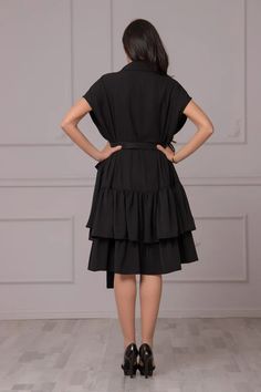 Flared Midi Dress for Ladies Black Belted Dress Princess - Etsy Black Short Sleeve Midi Dress For Casual Occasions, Black Summer Dress For Office, Black Knee-length Dress For Daywear, Black Short Sleeve Office Dress, Black Short Sleeve Dress For Spring Workwear, Spring Black Short Sleeve Dress For Work, Elegant Black Short Sleeve Dress For Spring, Cocktail Dress Elegant, Dress For Ladies