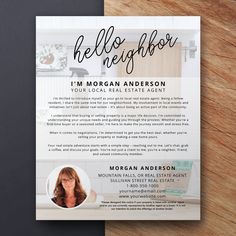 a flyer for a real estate agent is displayed on a wooden table with a black and white photo