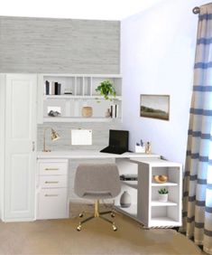 a computer desk sitting in the corner of a room next to a window with curtains