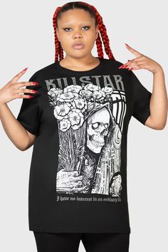 AFTERDARK.- Super soft cotton.- Statement, contrasting graphic.- Text reads 'I have no interest in an ordinary life'.- Short sleeve.- Crew neck.- Unisex, so it's for everyone!- Regular fit.- Art by God Machine.With KILLSTAR branding, 100% Cotton.Machine wash cold (30°c) / Do not bleach / Do not tumble dry / Iron at low Alt Fashion Plus Size, Plus Size Goth Clothes, God Machine, Plus Size Gothic, Plus Size Goth, Plus Size Stores, Wardrobe Makeover, Alt Fashion, Gothic Outfits