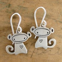 Little Monkey Earrings by marmar on Etsy, $50.00 Cute Nickel-free Sterling Silver Jewelry, Nickel-free Cute Sterling Silver Jewelry, Cute Sterling Silver Nickel-free Jewelry, Cute Handmade Silver Jewelry, Whimsical Sterling Silver Jewelry With Matching Earrings, Fun Nickel-free Silver Earrings, Handmade Fun Sterling Silver Jewelry, Handmade Fun Silver Earrings, Fun Handmade Silver Earrings