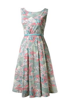 A gorgeous vintage inspired sleeveless dress featuring a beautiful and unique Japanese cherry blossom and Mt. Fuji scenic print, a boat neckline, V-shaped back detail, gently pleated A-line midi skirt, and most importantly pockets! Belt not included. Back zipper. Unlined. Material: Cotton & Lycra. Spring Retro Tea-length Midi Dress, Retro A-line Sleeveless Dress For Spring, Retro Sleeveless Dress With Floral Print For Spring, Spring Tea-length Lined Dress, Spring Tea Length Lined Dress, Retro Sleeveless Midi Dress For Garden Party, Fashion Photography School, Cherry Blossom Print, Fashion Pics