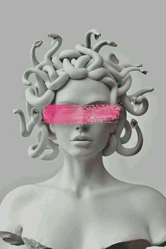 a woman's head with pink tape wrapped around it