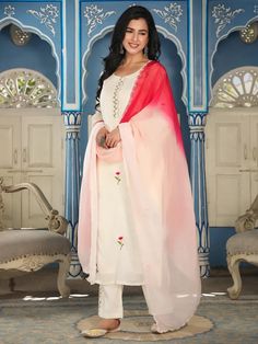 White & Red Cotton Embroidered Suit Set with Tie Dye Organza Dupatta Organza Dupatta Suits, Embroidered Suit, Neck Designs For Suits, Embroidery Detailing, Organza Dupatta, Cotton Bottoms, Suit Set, Palazzo Pants, Embroidery Details