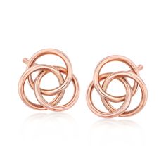 Ross-Simons - 14kt Rose Gold Love Knot Stud Earrings. Ever-popular love knots are reinvented in this modern pair of interlocking loop stud earrings! Shining in polished 14kt rose gold, their fresh design is made classic with their timeless symbolism of an unbreakable bond. Post/clutch, 14kt rose gold interlocking love knot stud earrings. Love Knots, Rose Gold Bangle Bracelet, Diamond Ring Cuts, Knot Stud Earrings, Rose Gold Bangle, Knot Studs, Gold Rope Chains, Gold Cross Pendant, Turtle Pendant