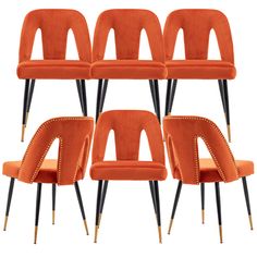 six orange velvet chairs with black legs and gold studding on each chair, set of four